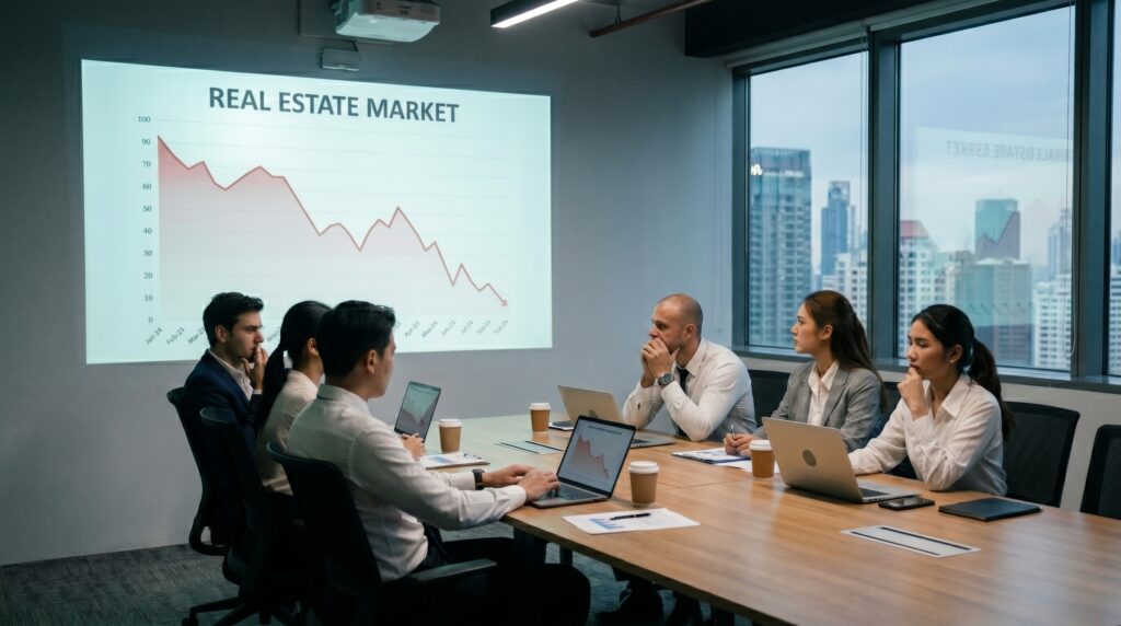 A conference room with the graph on the wall showing a depreciating real estate market and concerned real estate agents.